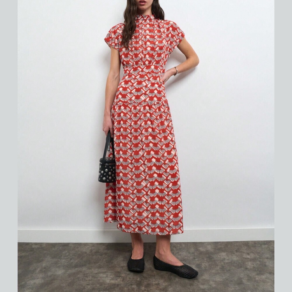 Red Fan Print Stand Collar Tiered Flutter Sleeve Maxi Dress